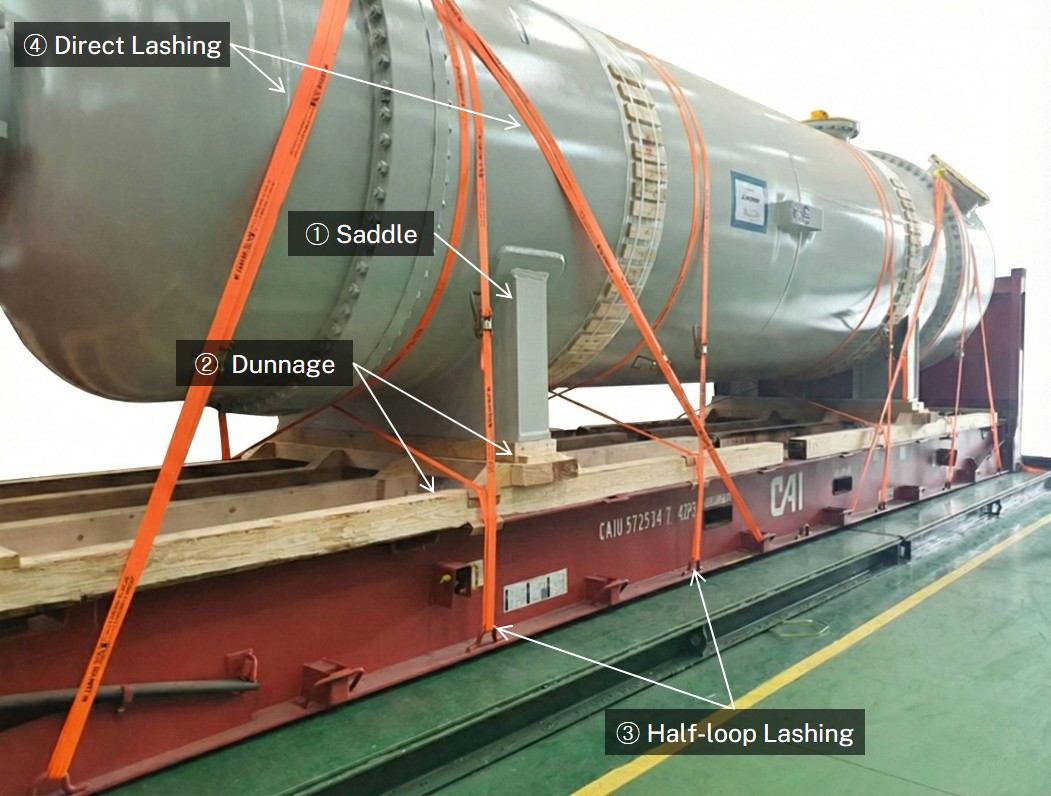 Cylinder 형태의 화물을 40'Flat rack 컨테이너에 Half-loop lashing과 Direct lashing을 병행하여 고박한 작업 사진