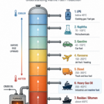 원유 분별 증류 공정 인포그래픽으로, 증류탑에서 원유가 끓는점에 따라 LPG, 나프타, 휘발유, 등유, 경유, 중질가스오일, 잔사유로 분리되고 선박 연료가 생산되는 과정을 보여줍니다.