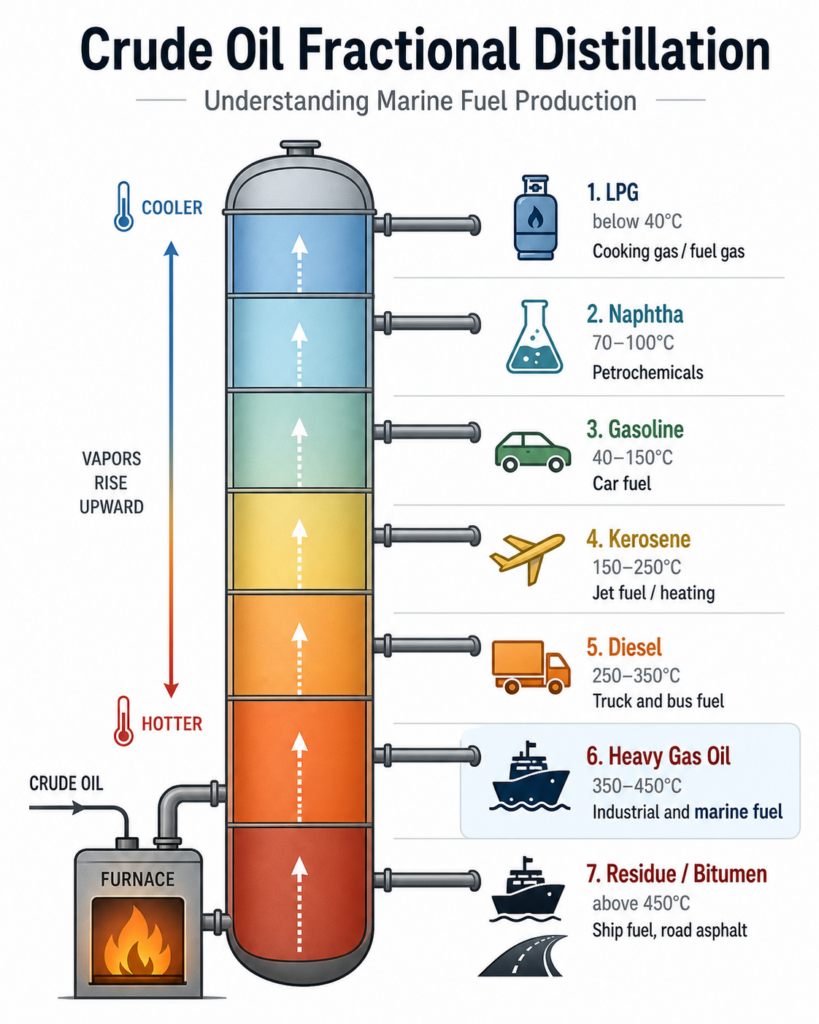 원유 분별 증류 공정 인포그래픽으로, 증류탑에서 원유가 끓는점에 따라 LPG, 나프타, 휘발유, 등유, 경유, 중질가스오일, 잔사유로 분리되고 선박 연료가 생산되는 과정을 보여줍니다.